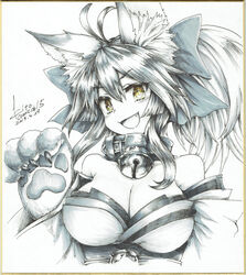  &gt;:) ahoge animal_ear_fluff animal_ears animal_hands bare_shoulders bell breasts cat_paws cleavage collar commentary_request dated detached_sleeves fate/grand_order fate_(series) female fox_ears fox_girl gloves hair_ribbon japanese_clothes jingle_bell kito_(kito2) large_breasts long_hair looking_at_viewer monochrome neck_bell oerba_yun_fang open_mouth paw_gloves paw_pose pixiv_username ponytail ribbon signature simple_background solo spot_color tamamo_(fate) tamamo_cat_(fate) tamamo_cat_(first_ascension)_(fate) v-shaped_eyebrows white_background yellow_eyes 