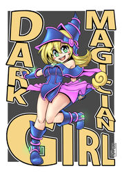  bare_shoulders blonde_hair blush_stickers boots border bracer breasts dark_magician_girl eyebrows_visible_through_hair female full_body godichi green_eyes grey_background hair_between_eyes hat legs long_hair looking_at_viewer medium_breasts open_mouth pleated_skirt skirt smile solo staff standing standing_on_one_leg tongue upper_teeth white_border wizard_hat yu-gi-oh! 