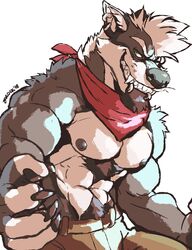  2018 4_fingers abs absurd_res anthro biceps black_body black_fur body_hair bottomwear canid canine canis chest_hair clothed clothing countershading digital_media_(artwork) facial_hair fangs fingers flannel fur green_eyes hi_res looking_at_viewer male mammal muscular muscular_anthro muscular_male navel nipples pants pecs piercing pubes scarf simple_background smile solo teeth tharis topless white_background white_body white_countershading wolf zarockthewolf 