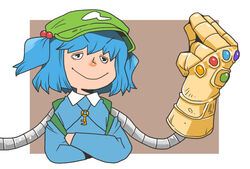  &gt;:) backpack bag black_eyes blue_hair blue_shirt border brown_background commentary_request crossed_arms female flat_cap gauntlets hair_bobbles hair_ornament hat infinity_gauntlet kawashiro_nitori key long_sleeves marvel mechanical_arms onikobe_rin outside_border shirt short_hair sidelocks simple_background single_mechanical_arm smile smug solo thanos touhou two_side_up v-shaped_eyebrows white_border 