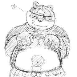  1:1 2019 alp_(tas) anthro bear belly blush clothed clothing cute_fangs giant_panda hat headgear headwear hi_res humanoid_hands lifewonders male mammal mohumohudansi monochrome moobs navel one_eye_closed open_clothing open_shirt open_topwear overweight overweight_anthro overweight_male shirt solo tokyo_afterschool_summoners tongue tongue_out topwear wink 