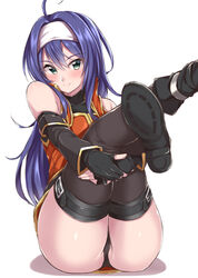  ahoge arm_warmers black_footwear black_gloves black_panties black_thighhighs blue_hair blush bodysuit bodysuit_under_clothes boots commentary_request dress elbow_gloves female fingerless_gloves fire_emblem fire_emblem:_path_of_radiance fire_emblem:_radiant_dawn full_body gloves green_eyes headband jiino leg_hold legs_together long_hair mia_(fire_emblem) panties pantyshot short_dress simple_background sitting sleeveless sleeveless_dress smile solo straight_hair thighhighs thighs turtleneck underwear white_background 