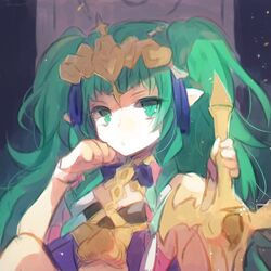  banned_artist braid female fire_emblem fire_emblem:_fuukasetsugetsu green_eyes green_hair hair_ornament jewelry long_hair looking_at_viewer mamkute multicolored_hair nintendo nunuko_(mu661129) pointy_ears simple_background solo sothis tiara twin_braids 