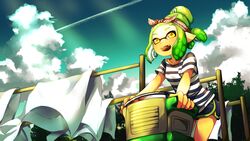  absurdres bandana black_shorts cloud cloudy_sky commentary_request contrail day fangs female green_hair highres houzuki_ringo inkling inkling_girl inkling_player_character laundry leaning_forward looking_at_viewer open_mouth outdoors shirt shorts sky smile solo splatoon_(series) standing striped_clothes striped_shirt tentacle_hair tied_hair tree white_shirt yellow_eyes 