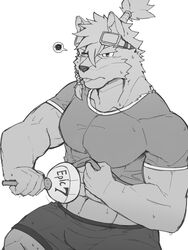  2019 3:4 abs anthro bodily_fluids bottomwear braided_hair canid canine cartuja clothed clothing clothing_lift epic7 eyebrows eyewear goggles hair hi_res kemono kenjilokung male mammal monochrome muscular muscular_anthro muscular_male navel one_eye_closed ponytail shirt shirt_lift shorts solo sweat topwear wink 