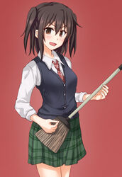  alternate_costume anti_(untea9) black_hair blue_sweater blush breasts broom brown_eyes commentary_request cowboy_shot female furrowed_brow green_skirt hair_between_eyes head_tilt highres holding holding_broom kantai_collection long_sleeves looking_at_viewer medium_breasts necktie open_mouth photoshop_(medium) plaid plaid_skirt red_background red_necktie school_uniform sendai_(kancolle) shirt short_hair simple_background skirt sleeves_rolled_up solo standing striped striped_necktie sweater sweater_vest two_side_up unconventional_guitar white_shirt 