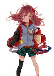  absurdres ahoge belt blush bow commentary_request female hairbow highres idolmaster idolmaster_shiny_colors jacket komiya_kaho long_hair looking_at_viewer mola_mola pink_eyes plaid plaid_shorts red_hair shorts single_thighhigh solo thighhighs white_background 