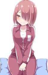  blush breasts closed_mouth collarbone commentary_request embarrassed female hair_over_one_eye highres hoshino_miyako_(wataten) jacket kou89 large_breasts light_brown_hair long_sleeves looking_to_the_side nervous_smile pants partially_unzipped pillow red_eyes red_jacket red_track_suit seiza shirt short_hair simple_background sitting sitting_on_pillow smile solo thick_thighs thighs track_jacket track_pants track_suit v_arms watashi_ni_tenshi_ga_maiorita! white_background white_shirt zipper 