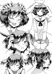  :d adjusting_another&#039;s_hair akiyama_yukari black_neckwear blouse disembodied_hands disembodied_limb doujinshi faceless faceless_male female from_side frown girls_und_panzer hair_pull hand_in_another&#039;s_hair hand_on_another&#039;s_head highres hirota_masatane legs_together long_sleeves looking_back messy_hair miniskirt monochrome multiple_views neckerchief ooarai_school_uniform open_mouth petting pleated_skirt school_uniform screentones seiza serafuku short_hair sitting skirt smile sweat white_background white_blouse 