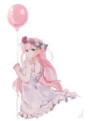  absurdres alternate_hairstyle balloon bow commentary_request dress female flower from_behind head_wreath highres holding holding_balloon hyde_(hai-do) just_be_friends_(vocaloid) long_hair looking_at_viewer looking_back megurine_luka pink_hair ribbon signature simple_background smile solo string vocaloid white_background white_dress 