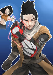  1boy absurdres black_hair clenched_hands commentary_request crossover devil_may_cry_(series) devil_may_cry_5 electricity facial_hair female highres kurimug6 looking_at_viewer mechanical_arms nico_(devil_may_cry) ninja scabbard scar scar_across_eye scar_on_face scarf sekiro sekiro:_shadows_die_twice sheath single_mechanical_arm stubble thumbs_up updo 