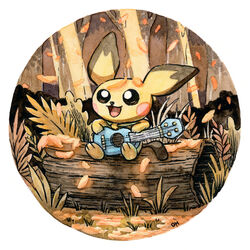  :3 autumn black_eyes blush_stickers commentary creature creatures_(company) english_commentary full_body game_freak gen_2_pokemon grass instrument leaf nintendo no_humans oliver_hamlin open_mouth outdoors pichu plant pokemon pokemon_(creature) sitting sitting_on_log smile traditional_media ukulele watercolor_(medium) 