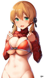  anchor_hair_ornament aqua_eyes bangs blonde_hair blush breasts cleavage female hair_between_eyes hair_ornament highres kantai_collection large_breasts lolicept long_hair looking_at_viewer navel open_mouth prinz_eugen_(kantai_collection) red_bikini_top simple_background smile solo twintails white_background 