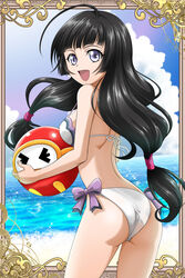  ass ball beach bikini black_hair blue_sky breasts card_(medium) cloud commentary_request cowboy_shot day dig_dug female from_behind hanzou highres horizon kohaku_hearts long_hair looking_at_viewer looking_back low-tied_long_hair medium_breasts official_alternate_costume open_mouth outdoors pooka_(dig_dug) purple_eyes sky smile solo swimsuit tales_of_(series) tales_of_hearts white_bikini 