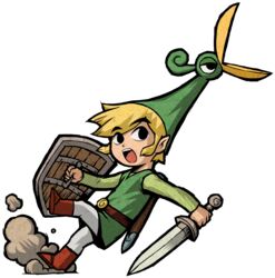  beak belt blonde_hair boots dust_cloud eyebrows ezlo green_hat green_shirt green_tunic highres holding holding_shield holding_sword holding_weapon link looking_back male nintendo official_art open_mouth pointy_ears pulling shield sword the_legend_of_zelda the_legend_of_zelda:_the_minish_cap toon_link tunic white_pants 