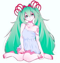  :o absurdres bad_id bad_pixiv_id bare_arms bare_legs bare_shoulders barefoot breasts collarbone commentary female green_eyes green_hair hair_between_eyes hair_ornament hatsune_miku highres jipponwazaari long_hair medium_breasts nail_polish nightgown red_nails simple_background sitting solo very_long_hair vocaloid white_background white_nightgown 