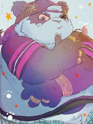  2019 alp_(tas) anthro bear belly blush buta5kawa clothed clothing cute_fangs fur giant_panda hamuga86 hat headgear headwear hi_res humanoid_hands lifewonders male mammal one_eye_closed overweight overweight_anthro overweight_male purple_body purple_fur shirt solo tokyo_afterschool_summoners topwear wink 