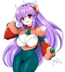  alia armor asama_miya blush bodysuit breasts capcom cleavage cosplay female gloves headgear headset large_breast large_breasts long_hair mahruru open_mouth purple_hair red_eyes rockman rockman_x simple_background smile solo tagme white_background white_gloves 