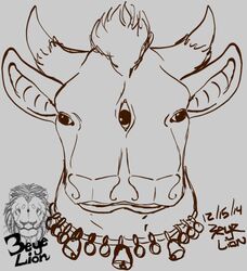  2_faces 3_eyes ambiguous_gender bell bovid bovine cattle conjoined fused_eyes horn jewelry mammal multi_eye multi_face multi_nose multi_snout necklace threeeyelion 