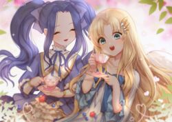  2girls bad_id bad_twitter_id bird_wings blonde_hair blue_eyes blue_ribbon blueberry closed_eyes commentary cup dress english_commentary feathered_wings filo_(tate_no_yuusha_no_nariagari) food fruit hair_ornament hair_ribbon high_collar holding holding_cup juliet_sleeves leaf leirix long_hair long_sleeves melty_q_melromarc multiple_girls open_mouth parted_bangs plate puffy_sleeves purple_dress purple_hair ribbon sidelocks smile strawberry tate_no_yuusha_no_nariagari teacup twintails white_dress white_wings wings 