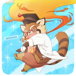  1:1 2019 ailurid anthro bottomwear clothing cute_fangs english_text eyewear fire_alchemist glasses hat headgear headwear humanoid_hands lifewonders male mammal minimumtkg pants red_panda shirt slightly_chubby solo text tokyo_afterschool_summoners topwear 