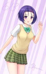  :d aposine blue_hair collared_shirt commentary_request cowboy_shot female green_neckwear green_skirt hair_intakes hair_ornament highres leaning_forward looking_at_viewer miniskirt open_mouth plaid plaid_skirt pleated_skirt purple_eyes sainan_high_school_uniform sairenji_haruna school_uniform shirt short_hair skirt smile solo standing striped striped_background sweater sweater_vest to_love-ru white_shirt wing_collar yellow_sweater 