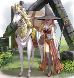  armored_animal bag blonde_hair boots breasts commentary_request crossed_legs detached_sleeves facial_mark female frills hat highres holding holding_staff kouno_(masao) large_breasts long_hair looking_at_viewer original outdoors pelvic_curtain photoshop_(medium) red_eyes revision ruins smile solo staff standing thigh_boots thighhighs unicorn wide_sleeves witch witch_hat 