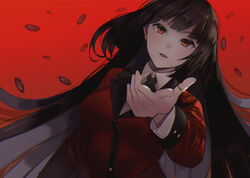  black_hair blunt_bangs breasts commentary copyright_name female harukagi hime_cut hyakkaou_academy_school_uniform jabami_yumeko jacket jewelry kakegurui large_breasts long_hair long_sleeves looking_at_viewer parted_lips poker_chip red_background red_eyes red_jacket ring school_uniform shirt smile solo thumb_ring white_shirt 