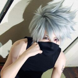  1boy anbu bad_link bare_arms bare_shoulders cosplay cosplay_photo covered_mouth grey_eyes grey_hair hatake_kakashi hatake_kakashi_(cosplay) heterochromia looking_at_viewer male_focus naruto_(series) ninja photo_(medium) red_eyes sharingan shoulder_tattoo solo source_mismatch spiked_hair tattoo third-party_source upper_body wig 