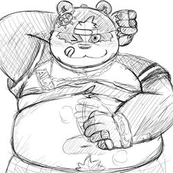  1:1 2019 alp_(tas) anthro bear belly blush clothed clothing giant_panda hi_res humanoid_hands lifewonders male mammal mohumohudansi monochrome navel one_eye_closed open_clothing open_shirt open_topwear overweight overweight_anthro overweight_male shirt simple_background solo tokyo_afterschool_summoners topwear wink 