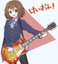  absurdres bad_id bad_pixiv_id blue_jacket blue_neckwear blue_ribbon blush brown_eyes brown_hair commentary_request electric_guitar female grey_skirt guitar hair_between_eyes hair_ornament hairclip highres hirasawa_yui holding instrument jacket jipponwazaari k-on! long_sleeves looking_at_viewer pantyhose red_background ribbon sakuragaoka_high_school_uniform school_uniform short_hair simple_background skirt solo teeth translated two-tone_background upper_teeth_only white_background winter_uniform 