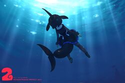  3:2 animal_humanoid black_hair cetacean cetacean_humanoid clothed clothing dress english_text female fin footwear hair head_fin humanoid kemono_friends killer_whale_(kemono_friends) legwear mammal marine marine_humanoid mine_yoshizaki official_art orca_humanoid shoes short_hair solo tail tail_fin text tights toothed_whale_humanoid underwater water 