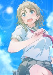  :d ayumu-k blue_eyes breasts clenched_hand commentary_request day female from_below grey_hair grey_skirt highres knee_up love_live! love_live!_sunshine!! miniskirt neckerchief open_mouth outdoors pleated_skirt red_neckerchief running shirt short_hair short_sleeves skirt smile solo sparkle sun sweat teeth upper_teeth_only watanabe_you white_shirt 