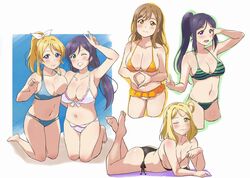  5girls asymmetrical_docking ayase_eli barefoot bikini blonde_hair blue_eyes blue_hair breast_press breasts brown_eyes brown_hair cleavage clenched_hand collarbone commentary_request cropped_legs feet_up front-tie_bikini_top front-tie_top green_bikini green_eyes green_outline hair_ornament hair_ribbon hairpin halterneck holding in-franchise_crossover kneeling kunikida_hanamaru large_breasts looking_at_viewer love_live! love_live!_school_idol_project love_live!_sunshine!! lying matsuura_kanan multiple_girls navel ohara_mari on_stomach one_eye_closed orange_bikini orange_outline outline purple_eyes purple_hair ribbon side-tie_bikini_bottom sidelocks smile striped_bikini striped_clothes swimsuit the_pose tojo_nozomi turkey_min w white_background white_bikini white_ribbon wrist_extended 