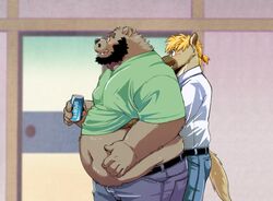  2019 anthro bear belly big_belly blush bottomwear clothing duo ena_(lm) hands_on_stomach holding_belly hug hugging_another hugging_from_behind humanoid_hands hyena kumagaya_shin kumagayasin love_mechanic male male/male mammal navel overweight overweight_male pants shirt spotted_hyena tom_(lm) topwear 