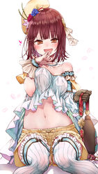  :d alt_(ctrldel) asymmetrical_gloves atelier_(series) atelier_sophie bare_shoulders blue_flower blush breasts brown_eyes brown_gloves brown_hair collarbone commentary_request crop_top detached_sleeves female finger_to_mouth flower frilled_thighhighs frills gloves hair_ornament hat hat_flower heart highres holding_strap jewelry looking_at_viewer medium_breasts midriff navel necklace oerba_yun_fang official_alternate_costume open_mouth pink_flower pinky_to_mouth red_flower short_hair short_shorts shorts sitting skin_fang smile solo sophie_neuenmuller stomach strapless thigh_strap thighhighs uneven_gloves white_background white_thighhighs wrist_cuffs yellow_hat 