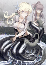  2girls blonde_hair blue_eyes blurry blush bra breasts cleavage depth_of_field feline female head_fins highres mermaid monster_girl multiple_girls original partially_submerged ponytail sitting tefec underwear water wet 