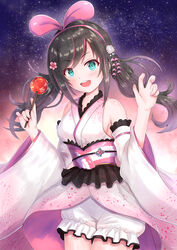  alternate_costume alternate_hairstyle azur_lane black_hair bloomers cocoasabure commentary detached_sleeves female food hair_ornament headband highres japanese_clothes kimono kizuna_ai kizuna_ai_(festive)_(azur_lane) kizuna_ai_inc. long_hair looking_at_viewer night open_mouth sky sleeveless solo star_(sky) starry_sky twintails underwear virtual_youtuber yukata 