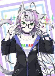  :o absurdres ahoge animal_ear_fluff animal_ears atalanta_(fate) atalanta_alter_(fate) black-framed_eyewear black_choker black_jacket black_nails black_scrunchie cat_ears cat_girl cat_tail choker collared_shirt commentary_request fate/grand_order fate_(series) female fingernails glasses green_eyes grey_hair hair_ornament hairclip head_tilt highres jacket kirishina_(raindrop-050928) long_hair multicolored_hair multicolored_nails nail_polish open_clothes open_jacket parted_lips photoshop_(medium) pink_hair red_nails scrunchie shirt slit_pupils solo sparkle tail tail_raised two-tone_hair upper_body very_long_hair white_shirt wrist_scrunchie 