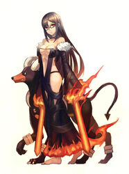  a-er_(akkij0358) bare_shoulders barefoot black-framed_eyewear black_dress breasts canine cleavage commentary_request crossover dress ear_piercing fate/grand_order fate_(series) female fire fur_trim glasses highres horns houndoom long_hair medium_breasts navel photoshop_(medium) piercing pokemon pokemon_(creature) revealing_clothes simple_background strapless strapless_dress very_long_hair white_background yu_mei-ren_(fate) 