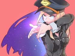  absurdres bad_id bad_pixiv_id black_bodysuit black_hat blonde_hair bodysuit boku_no_hero_academia breasts brown_eyes commentary female hat highres jipponwazaari large_breasts long_hair long_sleeves looking_to_the_side nail_polish parted_lips peaked_cap pink_nails solo superhero_costume upper_body utsushimi_kemii 