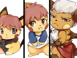  4:3 alternate_species anthro archer_emiya fate_(series) fur generation_1_pokemon generation_2_pokemon mammal nintendo pichu pikachu pokemon pokemon_(species) raichu rodent shirou_emiya type-moon yellow_body yellow_fur ナミ 