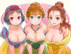  3girls :d :o alternate_breast_size animification anna_(frozen) beauty_and_the_beast belle_(disney) black_hair blue_eyes blush bow bow_hairband braid breasts brown_eyes brown_hair cleavage commentary disney disney_princess dress earrings elbow_gloves frozen_(disney) gloves hairband himeshaga jewelry large_breasts leaning_forward long_hair multiple_girls off-shoulder_dress off_shoulder open_mouth orange_hair puffy_sleeves red_eyes short_hair short_sleeves smile snow_white_(disney) snow_white_and_the_seven_dwarfs take_your_pick 