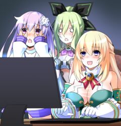  3girls at_computer bare_shoulders blonde_hair blush breasts chair choker cleavage commentary computer computer_keyboard covering_own_eyes d-pad d-pad_hair_ornament doria_(p_f_dolia) dress female_pervert frilled_gloves frills gloves green_dress green_hair hair_ornament hair_ribbon hakozaki_chika happy large_breasts long_hair monitor multiple_girls neckerchief nepgear neptune_(series) o_o open_mouth peeking_through_fingers pervert purple_eyes purple_hair ribbon screen_light simple_background sleeves_past_wrists surprised table vert_(neptunia) white_gloves 