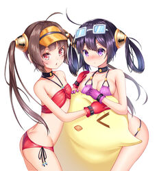  2girls absurdres ahoge azur_lane bad_id bad_pixiv_id bikini bird black_choker black_hair breasts brown_hair chick choker cowboy_shot eyewear_on_head flat_chest gloves hair_rings halterneck highres long_hair looking_at_viewer manjuu_(azur_lane) mannack medium_breasts multiple_girls ning_hai_(azur_lane) ning_hai_(summer_hunger)_(azur_lane) official_alternate_costume ping_hai_(azur_lane) ping_hai_(summer_vacation)_(azur_lane) purple_bikini purple_eyes purple_gloves red_bikini red_eyes red_gloves side-tie_bikini_bottom simple_background sunglasses swimsuit twintails visor_cap white_background 