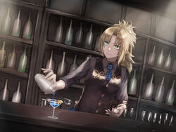  aito alcohol blonde_hair blue_necktie bottle breasts commentary_request cosplay drink fate/apocrypha fate/grand_order fate_(series) female green_eyes highres holding indoors james_moriarty_(archer)_(fate) james_moriarty_(archer)_(fate)_(cosplay) james_moriarty_(gray_collar)_(fate) james_moriarty_(gray_collar)_(fate)_(cosplay) long_hair looking_at_viewer mordred_(fate) mordred_(fate/apocrypha) necktie ponytail small_breasts smile solo two-tone_necktie upper_body white_necktie working 