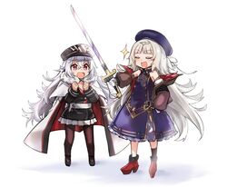  2girls azur_lane black_legwear blush closed_eyes commentary detached_sleeves doyagao gloves grey_hair hat headpiece holding holding_sword holding_weapon lefthand long_hair long_sleeves military_hat multiple_girls open_mouth pantyhose pleated_skirt puffy_sleeves red_eyes skirt smile smug sparkle sword very_long_hair weapon white_gloves white_hair z46_(azur_lane) zeppy_(azur_lane) 