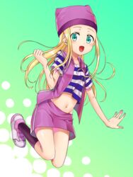  blonde_hair blush breasts commentary_request digimon digimon_frontier female green_eyes groin hat highres long_hair looking_at_viewer midriff minamikuru navel orimoto_izumi shirt skirt smile socks solo striped_clothes striped_shirt 