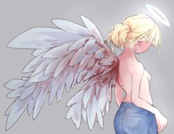  absurdres angel angel_wings bad_id bad_pixiv_id bare_arms blonde_hair blue_pants braid breasts commentary denim feathered_wings female from_behind grey_background halo highres jeans jipponwazaari long_hair original pants ponytail simple_background single_wing solo topless white_wings wings 