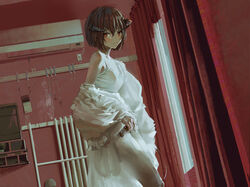  air_conditioner bare_shoulders blush bob_cut bottle breasts brown_hair coat commentary_request curtains dress dutch_angle feet_out_of_frame female fur_coat glitter hair_between_eyes highres holding holding_bottle horns indoors light_smile looking_at_viewer mole off_shoulder original photoshop_(medium) red_background red_curtains red_eyes room short_hair sleeveless sleeveless_dress small_breasts smile solo standing tifg39 white_coat white_dress window 